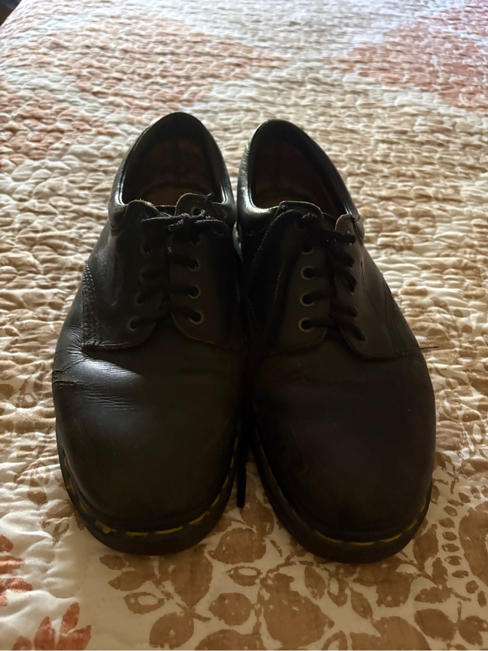 Dr. Martens Black Leather Lace-Up Oxfords with Yellow Stitching